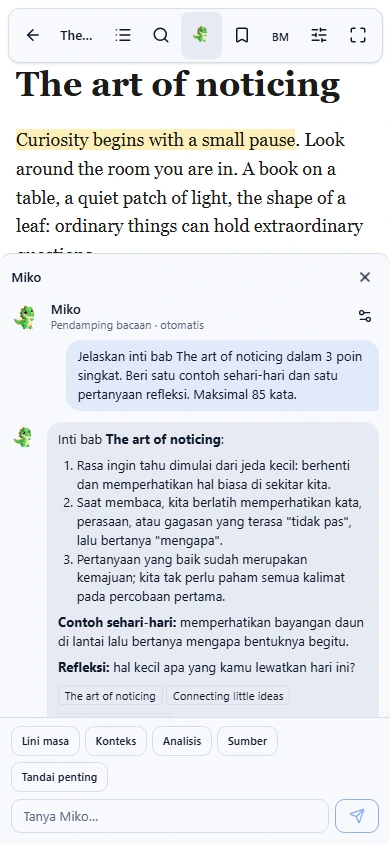 Tampilan reader Miko pada layar HP