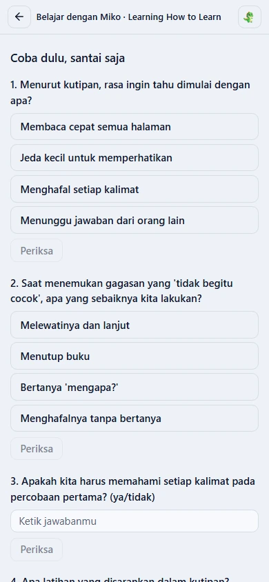 A mobile Learning Mode quiz generated by Miko AI