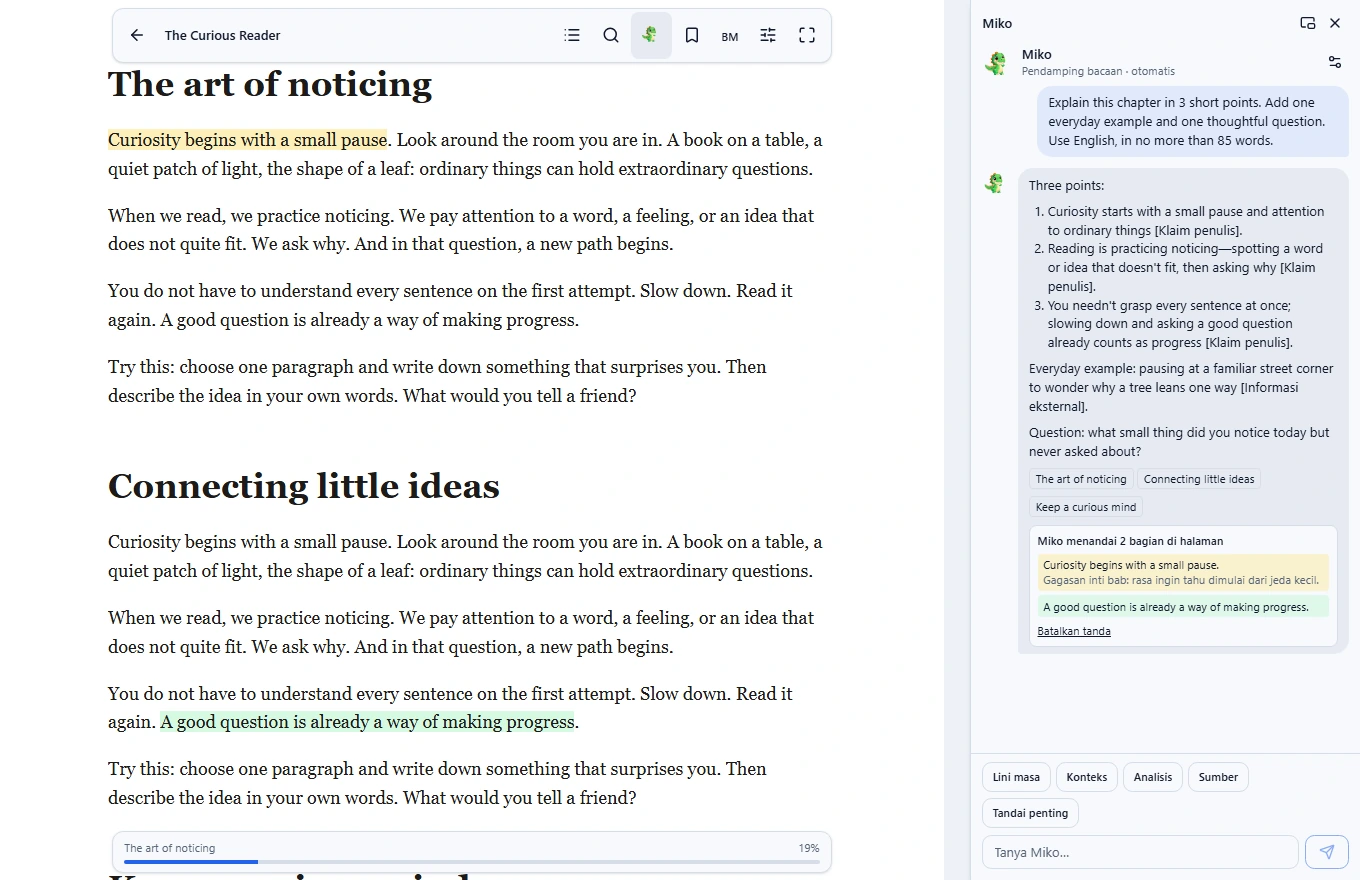 The reader with a Miko AI answer, source references, and a highlight.